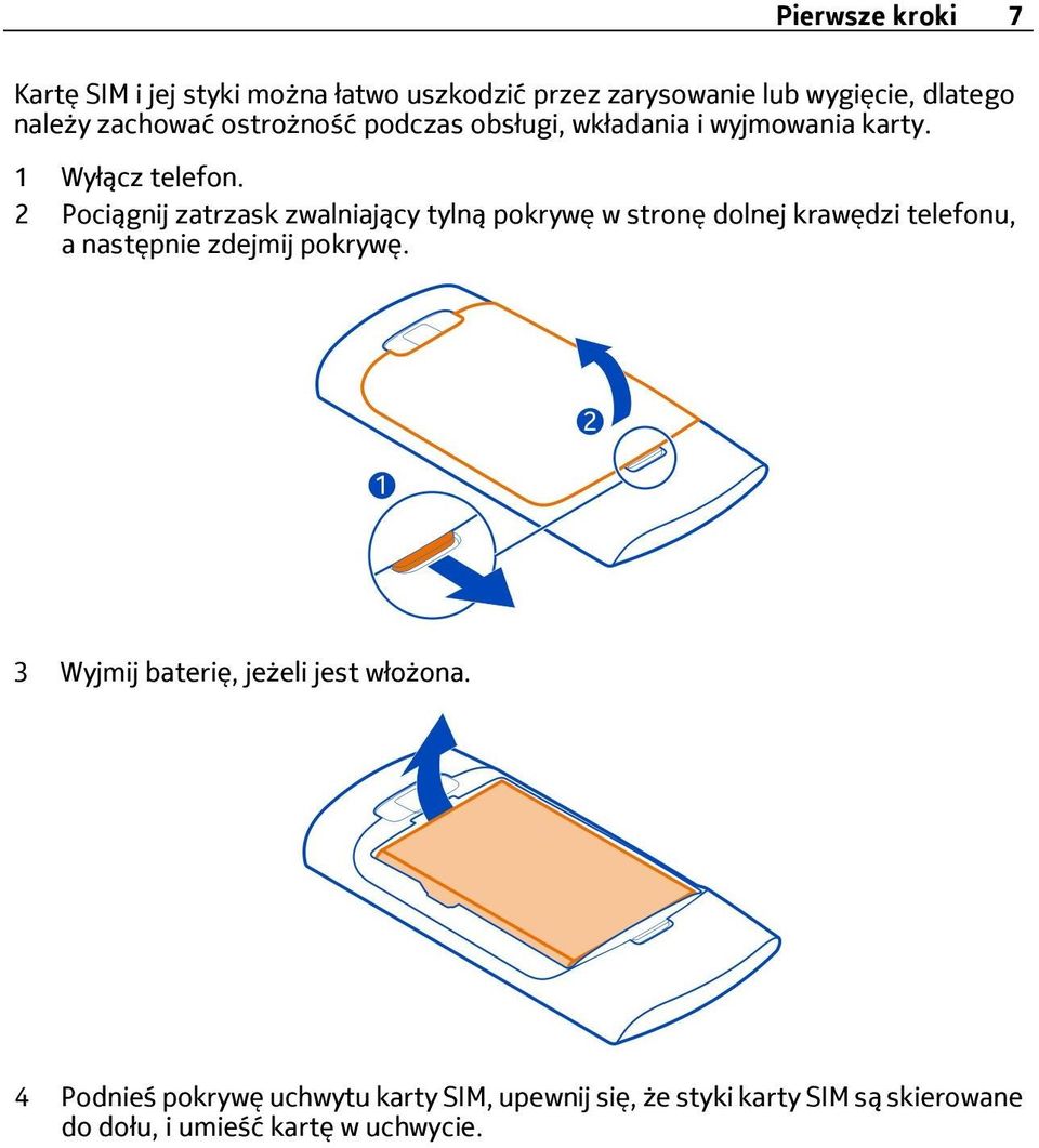 2 Pociągnij zatrzask zwalniający tylną pokrywę w stronę dolnej krawędzi telefonu, a następnie zdejmij pokrywę.