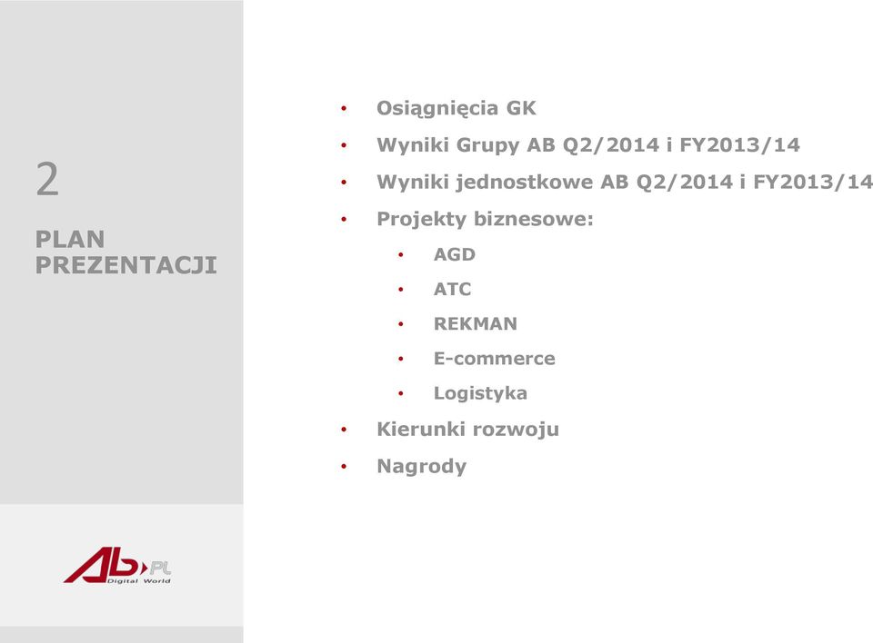 Q2/2014 i FY2013/14 Projekty biznesowe: AGD ATC