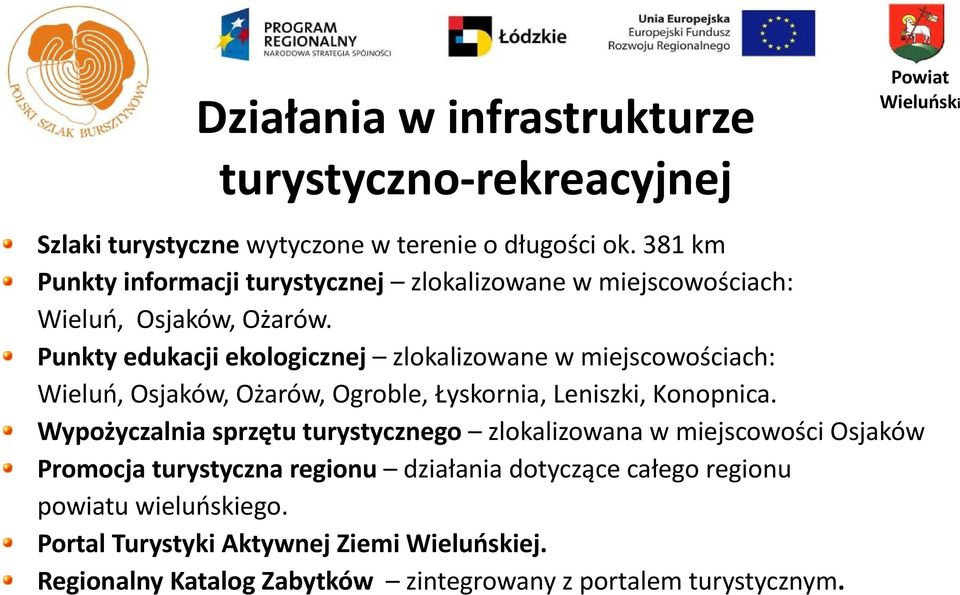 Punkty edukacji ekologicznej zlokalizowane w miejscowościach: Wieluń, Osjaków, Ożarów, Ogroble, Łyskornia, Leniszki, Konopnica.