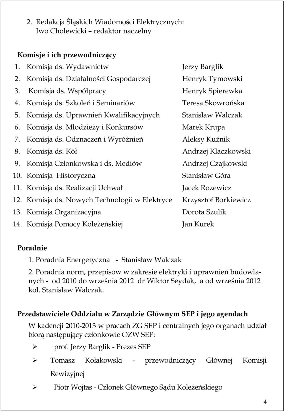 Komisja ds. Odznaczeń i Wyróżnień Aleksy Kuźnik 8. Komisja ds. Kół Andrzej Klaczkowski 9. Komisja Członkowska i ds. Mediów Andrzej Czajkowski 10. Komisja Historyczna Stanisław Góra 11. Komisja ds. Realizacji Uchwał Jacek Rozewicz 12.