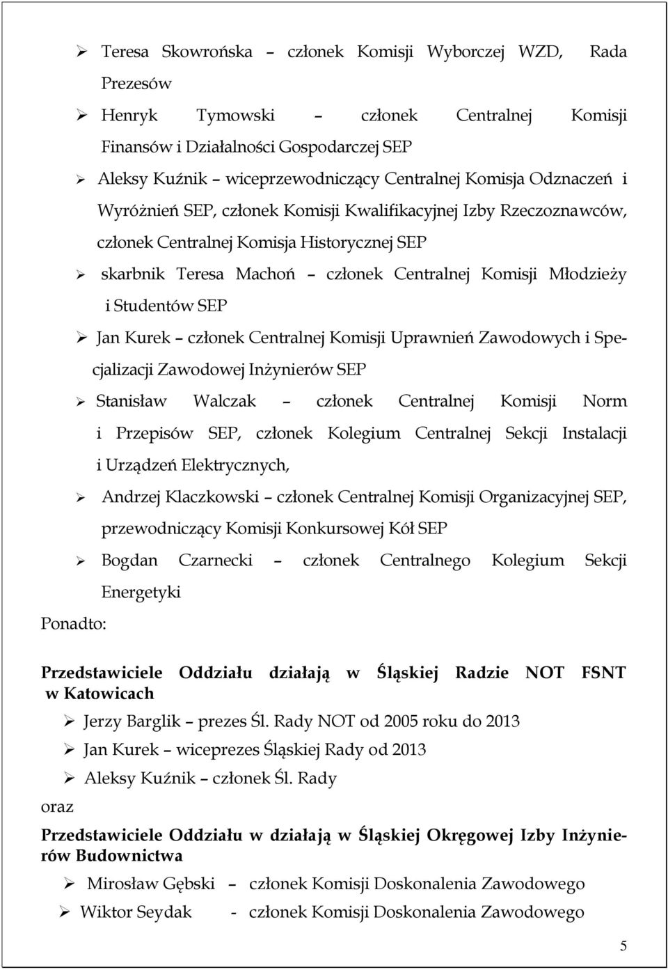 Jan Kurek członek Centralnej Komisji Uprawnień Zawodowych i Specjalizacji Zawodowej Inżynierów SEP Stanisław Walczak członek Centralnej Komisji Norm i Przepisów SEP, członek Kolegium Centralnej