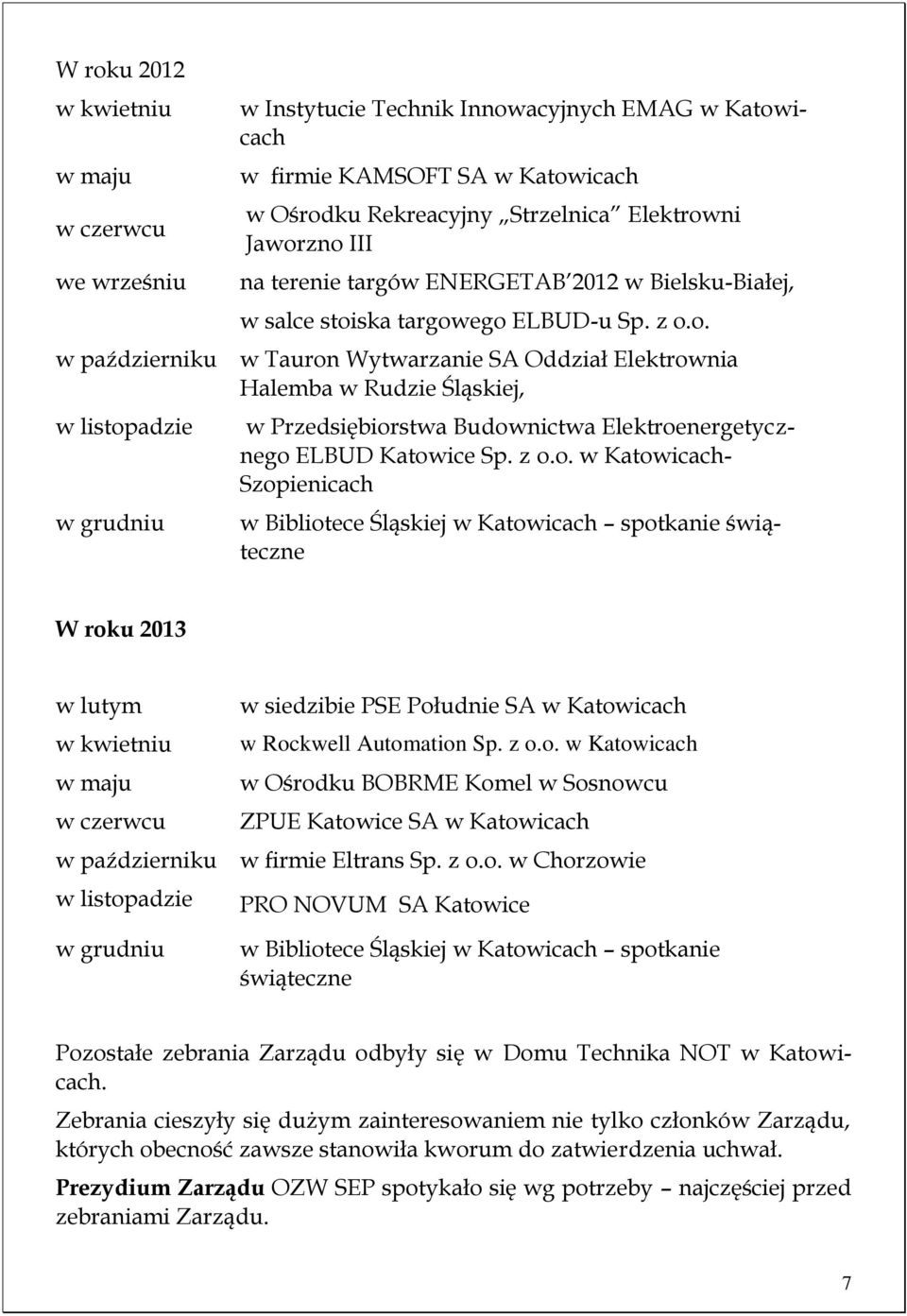 ska targowego ELBUD-u Sp. z o.o. w październiku w Tauron Wytwarzanie SA Oddział Elektrownia Halemba w Rudzie Śląskiej, w listopadzie w grudniu w Przedsiębiorstwa Budownictwa Elektroenergetycznego ELBUD Katowice Sp.