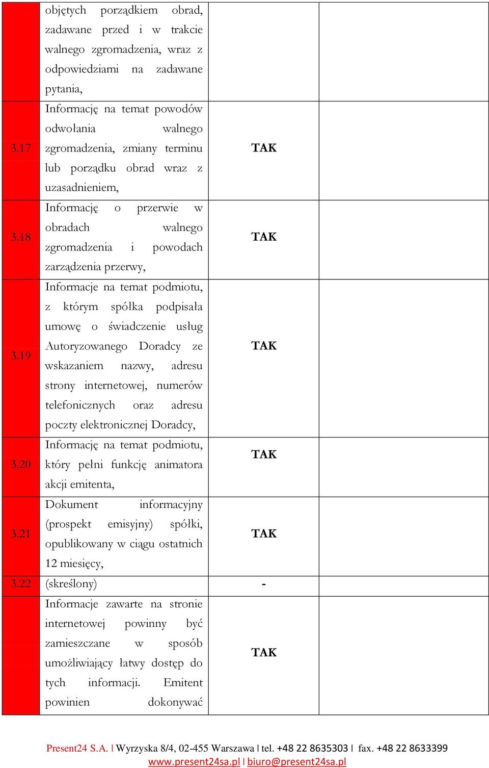 21 obradach walnego zgromadzenia i powodach zarządzenia przerwy, Informacje na temat podmiotu, z którym spółka podpisała umowę o świadczenie usług Autoryzowanego Doradcy ze wskazaniem nazwy, adresu