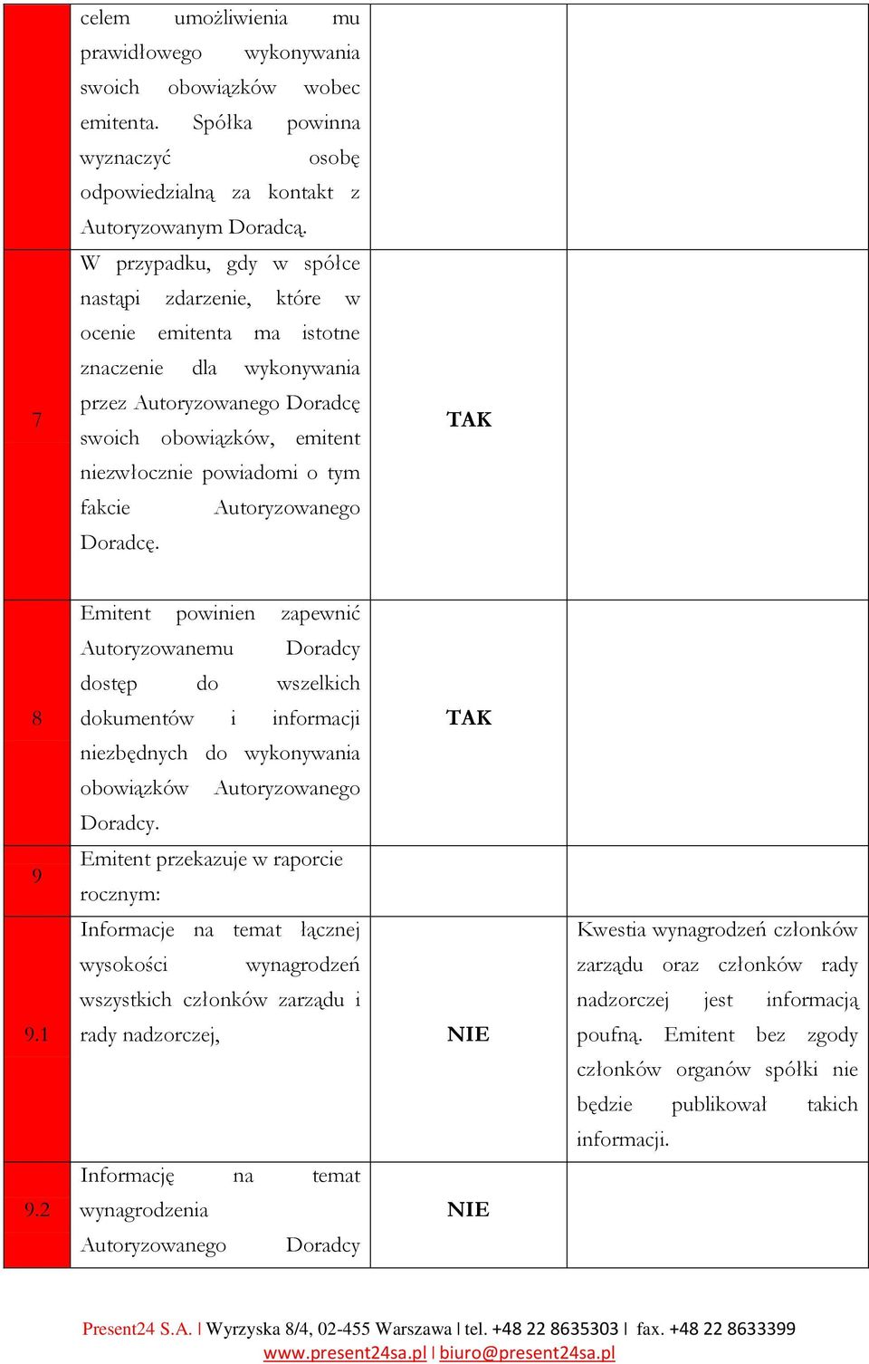 Autoryzowanego Doradcę. Emitent powinien zapewnić Autoryzowanemu Doradcy dostęp do wszelkich 8 dokumentów i informacji niezbędnych do wykonywania obowiązków Autoryzowanego Doradcy.