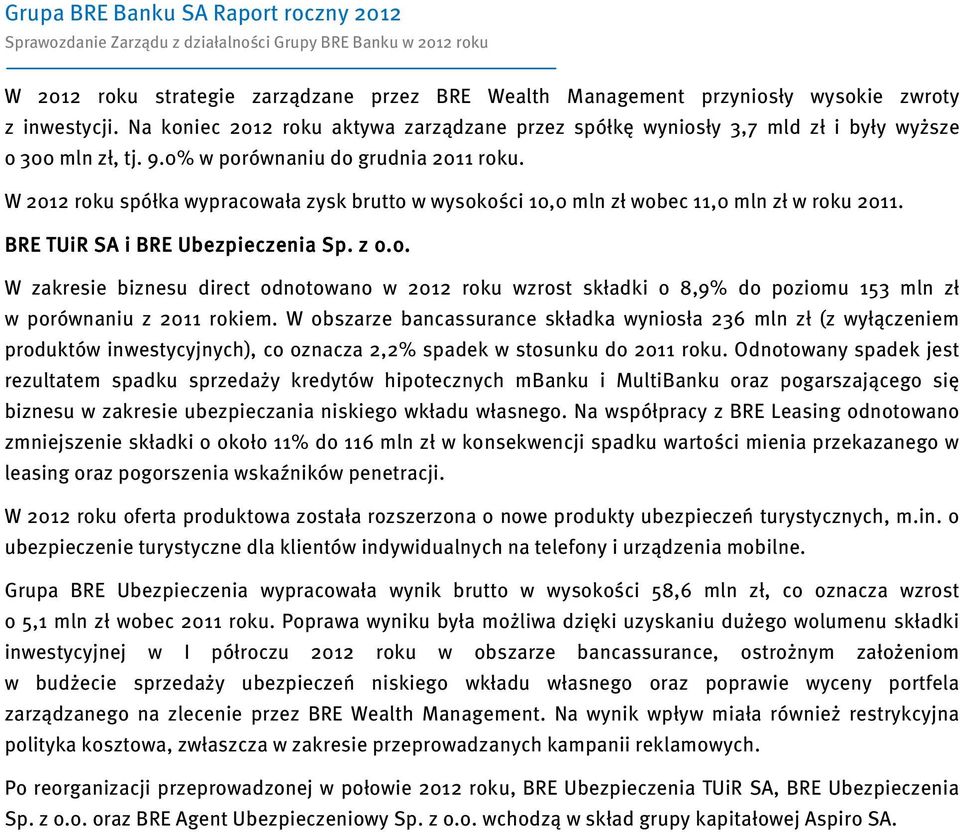 W obszarze bancassurance składka wyniosła 36 mln zł (z wyłączeniem produktów inwestycyjnych), co oznacza,% spadek w stosunku do 011 roku.
