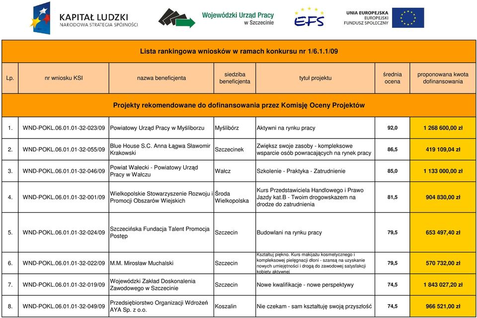 WND-POKL.06.01.01-32-023/09 Powiatowy Urząd Pracy w Myśliborzu Myślibórz Aktywni na rynku pracy 92,0 1 268 600,00 zł 2. WND-POKL.06.01.01-32-055/09 Blue House S.C.