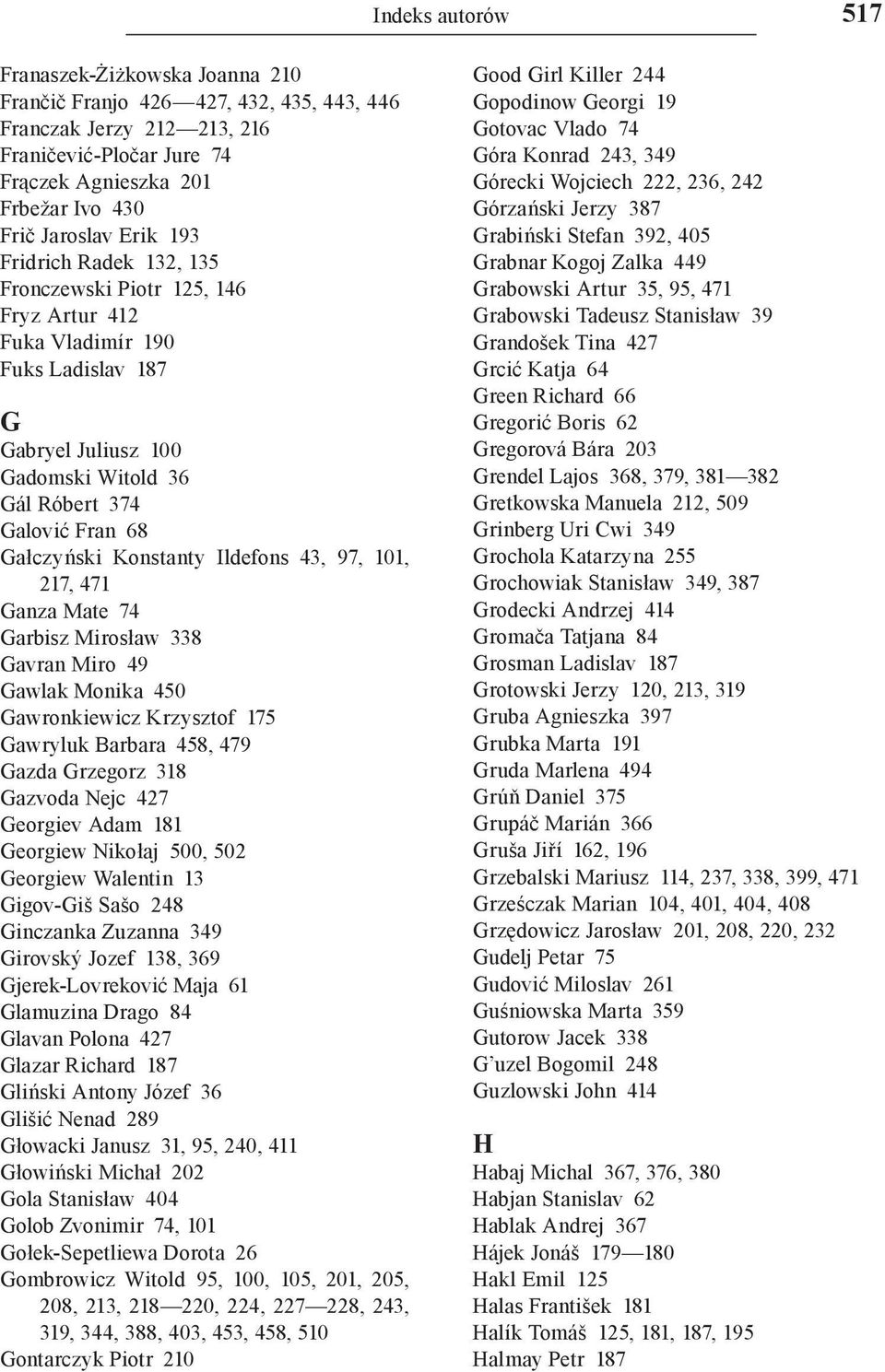 Konstanty Ildefons 43, 97, 101, 217, 471 Ganza Mate 74 Garbisz Mirosław 338 Gavran Miro 49 Gawlak Monika 450 Gawronkiewicz Krzysztof 175 Gawryluk Barbara 458, 479 Gazda Grzegorz 318 Gazvoda Nejc 427