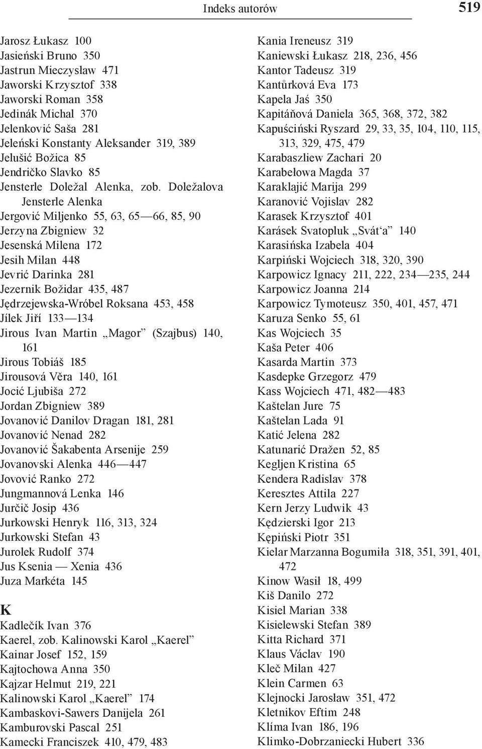 Doležalova Jensterle Alenka Jergović Miljenko 55, 63, 65 66, 85, 90 Jerzyna Zbigniew 32 Jesenská Milena 172 Jesih Milan 448 Jevrić Darinka 281 Jezernik Božidar 435, 487 Jędrzejewska-Wróbel Roksana