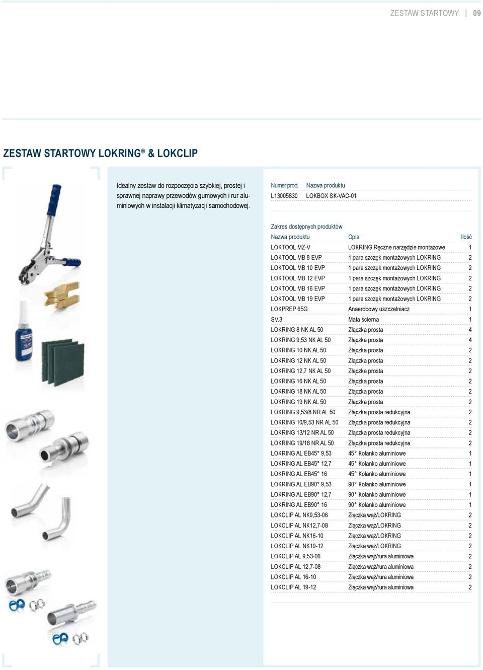 L13005830 Nazwa produktu LOKBOX SK-VAC-01 Zakres dostępnych produktów Nazwa produktu Opis Ilość LOKTOOL MZ-V LOKRING Ręczne narzędzie montażowe 1 LOKTOOL MB 8 EVP 1 para szczęk montażowych LOKRING 2