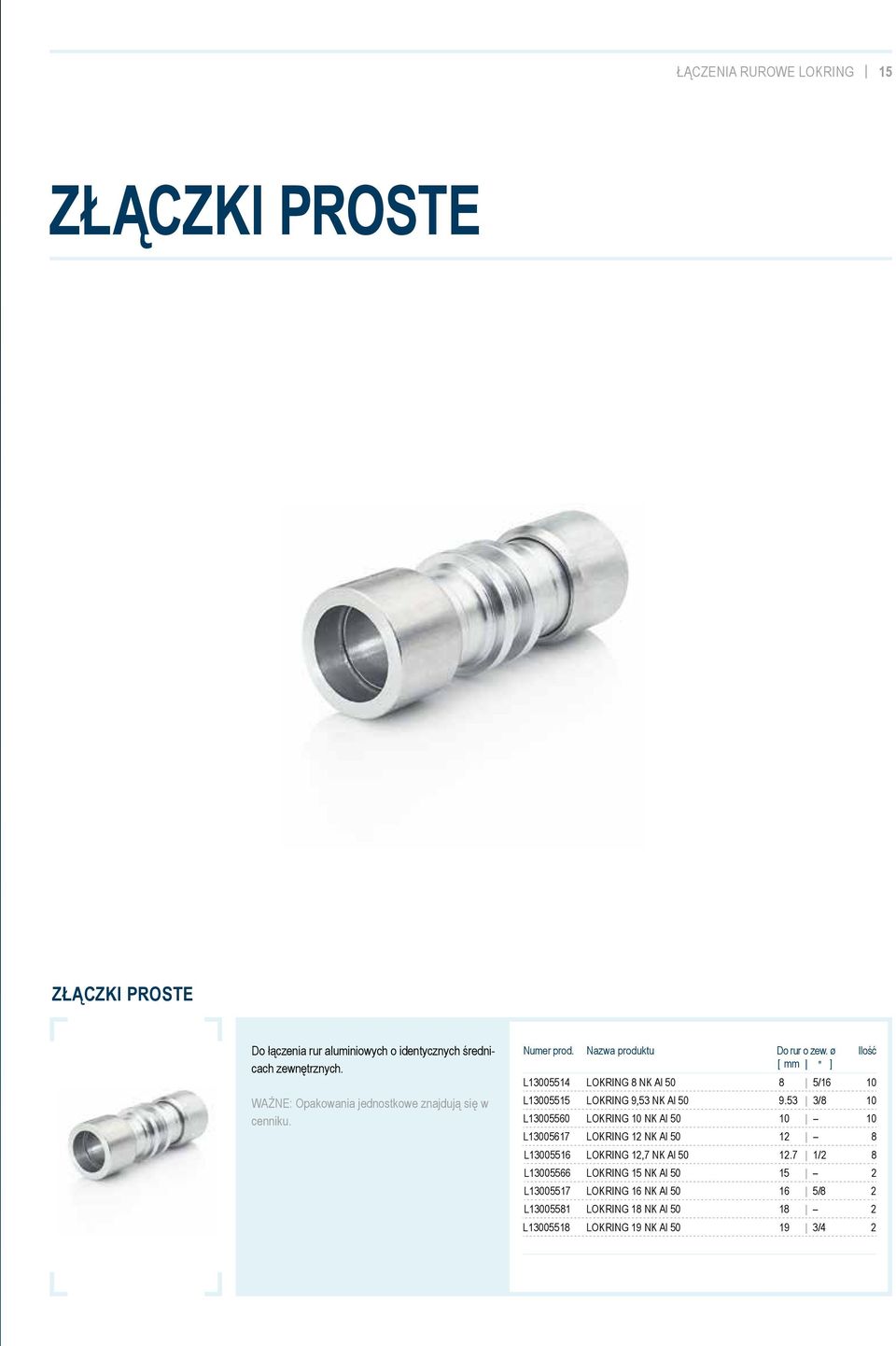 ø Ilość [ mm " ] L13005514 LOKRING 8 NK Al 50 8 5/16 10 L13005515 LOKRING 9,53 NK Al 50 9.