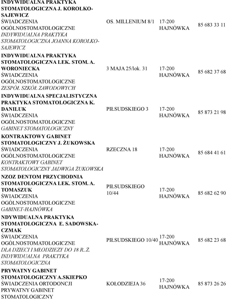 ŻUKOWSKA KONTRAKTOWY GABINET STOMATOLOGICZNY JADWIGA ŻUKOWSKA NZOZ DENTOM PRZYCHODNIA STOMATOLOGICZNA LEK. STOM. A. TOMASZUK GABINET- NDYWIDUALNA PRAKTYKA STOMATOLOGICZNA E.