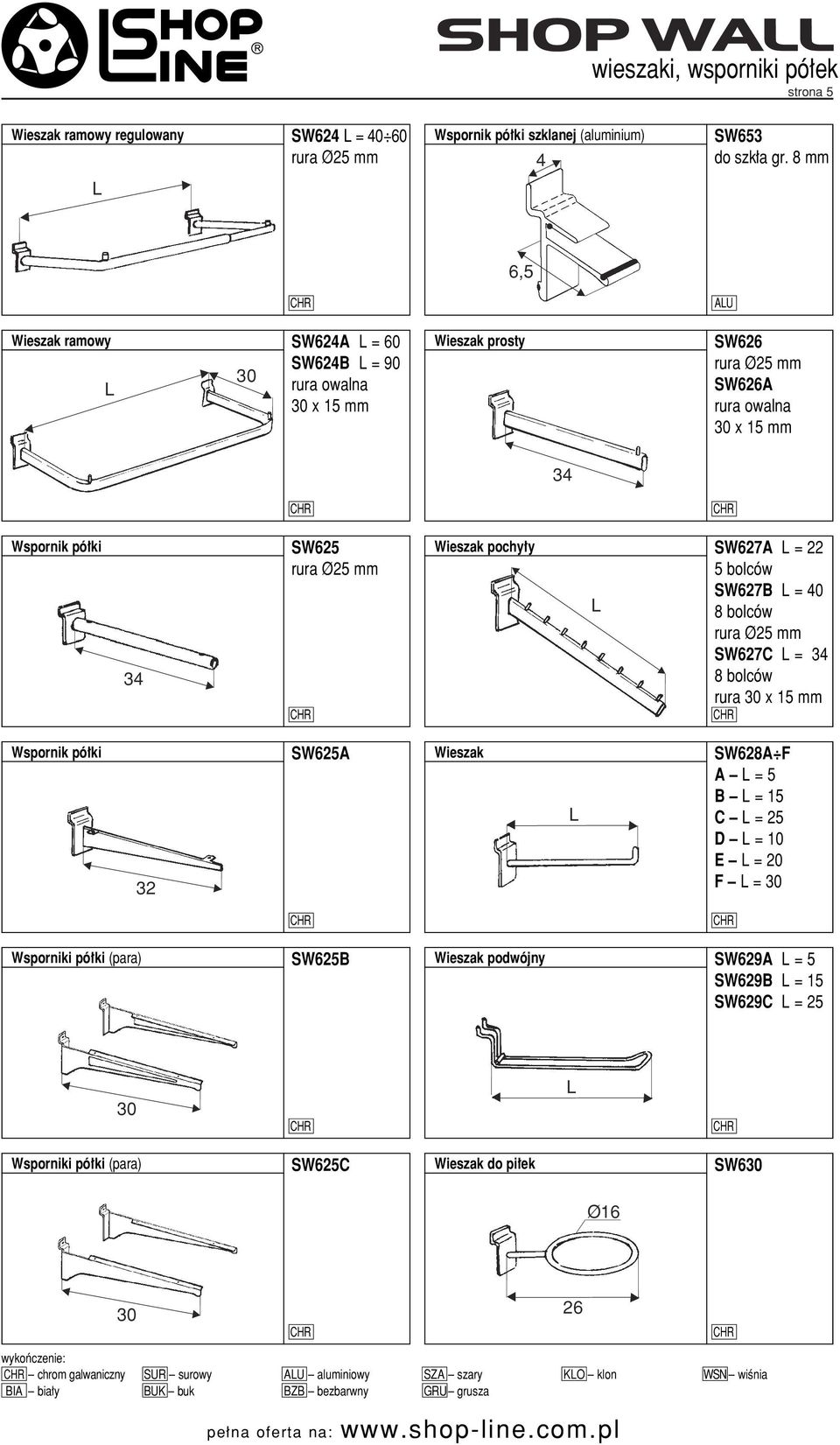 Wieszak pochy y SW627A = 22 5 bolców SW627B = 40 8 bolców rura Ø25 mm SW627C = 34 8 bolców rura x 15 mm Wspornik pó ki 32 SW625A Wieszak SW628A F A = 5 B = 15 C = 25 D = 10