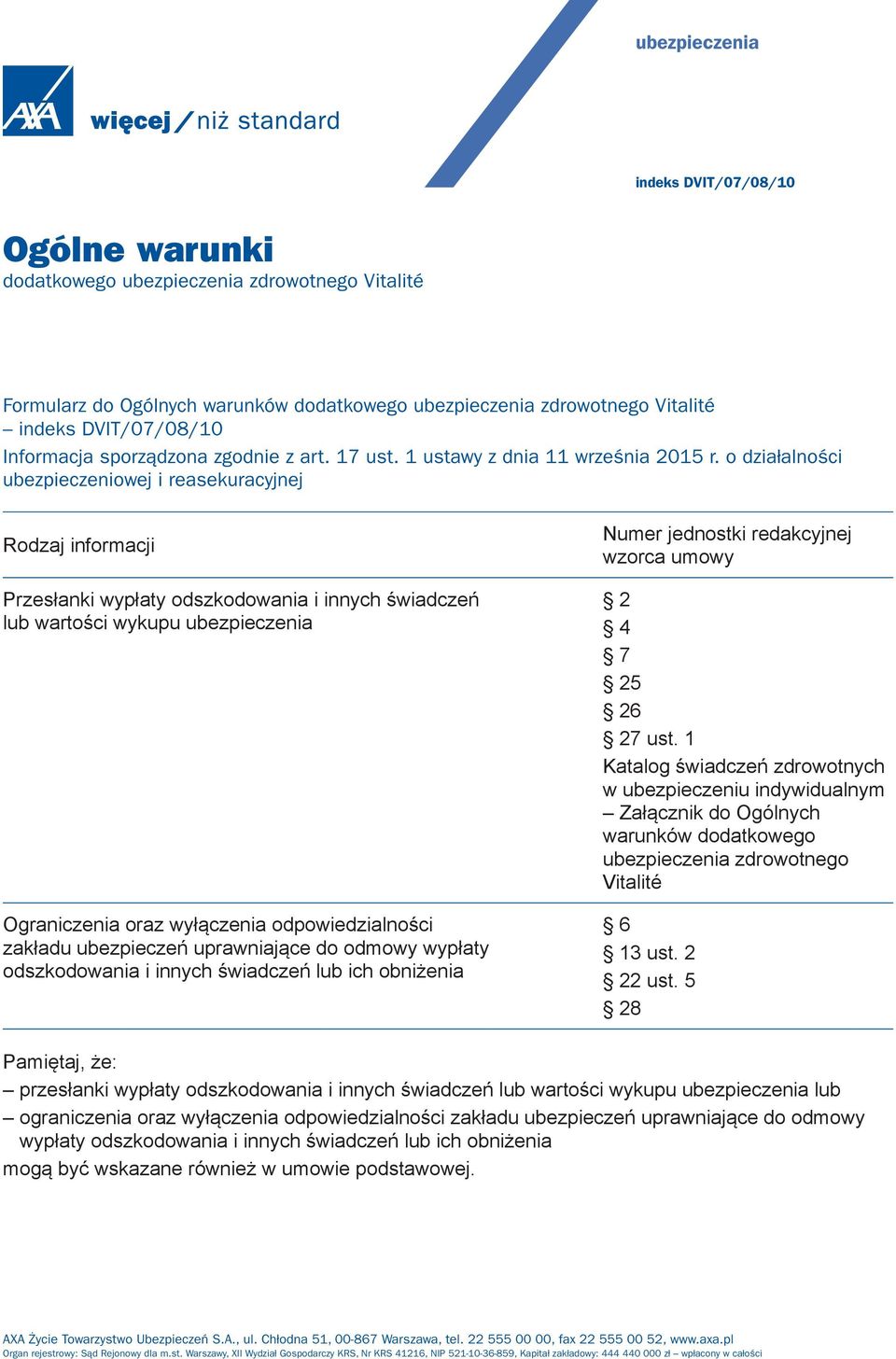 o działalności ubezpieczeniowej i reasekuracyjnej Rodzaj informacji Przesłanki wypłaty odszkodowania i innych świadczeń lub wartości wykupu ubezpieczenia Ograniczenia oraz wyłączenia