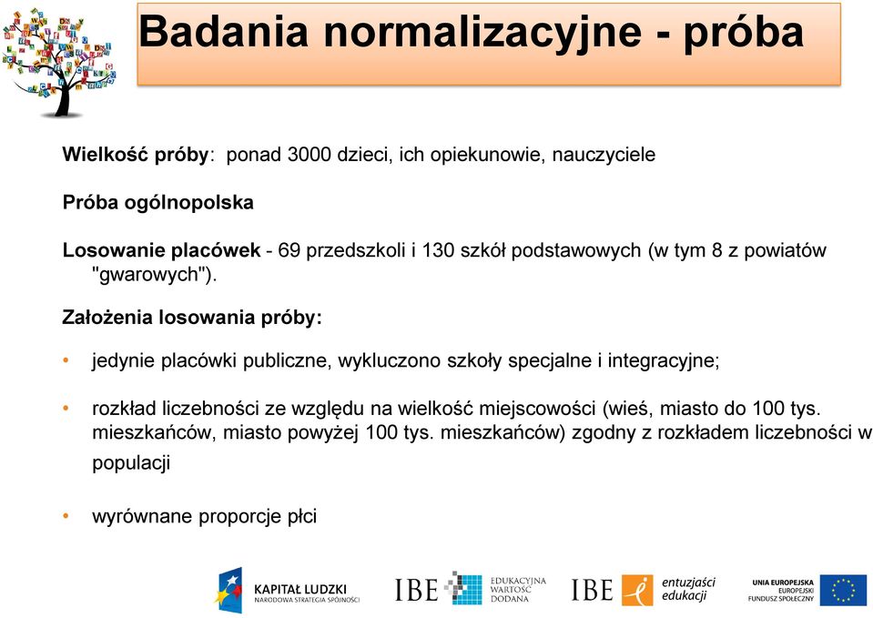 Założenia losowania próby: jedynie placówki publiczne, wykluczono szkoły specjalne i integracyjne; rozkład liczebności ze