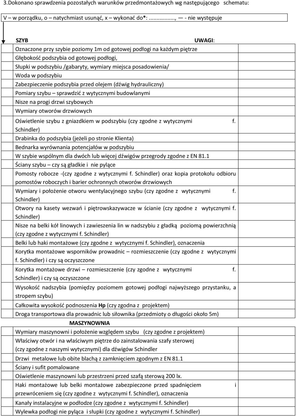 w podszybiu Zabezpieczenie podszybia przed olejem (dźwig hydrauliczny) Pomiary szybu sprawdzić z wytycznymi budowlanymi Nisze na progi drzwi szybowych Wymiary otworów drzwiowych UWAGI: Oświetlenie