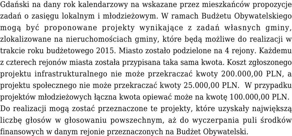 2015. Miasto zostało podzielone na 4 rejony. Każdemu z czterech rejonów miasta została przypisana taka sama kwota. Koszt zgłoszonego projektu infrastrukturalnego nie może przekraczać kwoty 200.