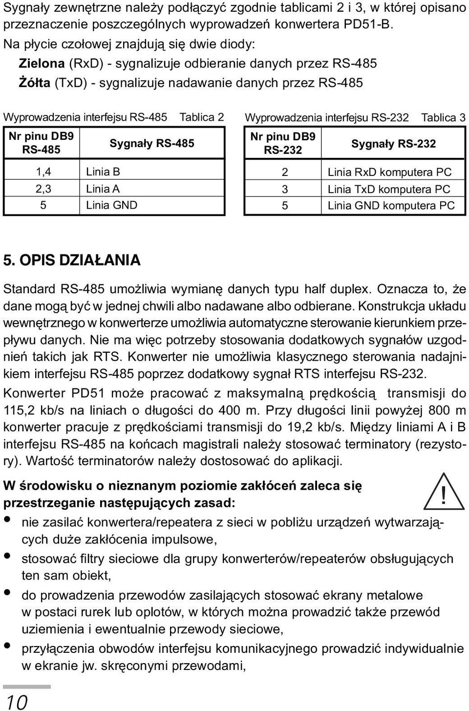 1,4 Linia B 2,3 Linia A 5 Linia Wyprowadzenia interfejsu RS-232 Tablica 3 Nr pinu DB9 Sygna³y RS-232 RS-232 2 Linia RxD komputera PC 3 Linia TxD komputera PC 5 Linia komputera PC 5.