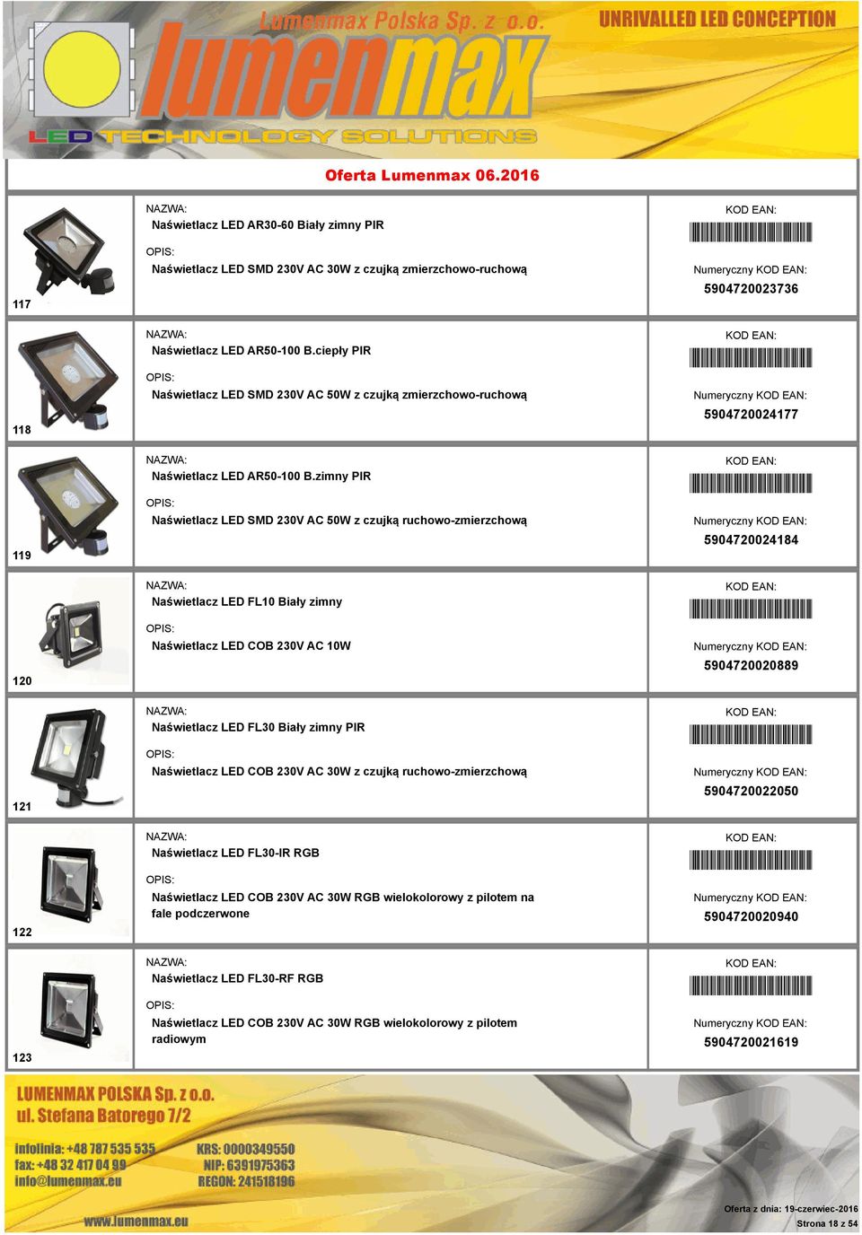 zimny PIR Naświetlacz LED SMD 230V AC 50W z czujką ruchowo-zmierzchową *5904720024184* 5904720024184 120 Naświetlacz LED FL10 Biały zimny Naświetlacz LED COB 230V AC 10W *5904720020889* 5904720020889