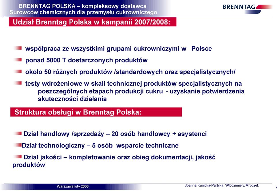 etapach produkcji cukru - uzyskanie potwierdzenia skuteczności działania Struktura obsługi w Brenntag Polska: Dział handlowy /sprzedaży 20 osób
