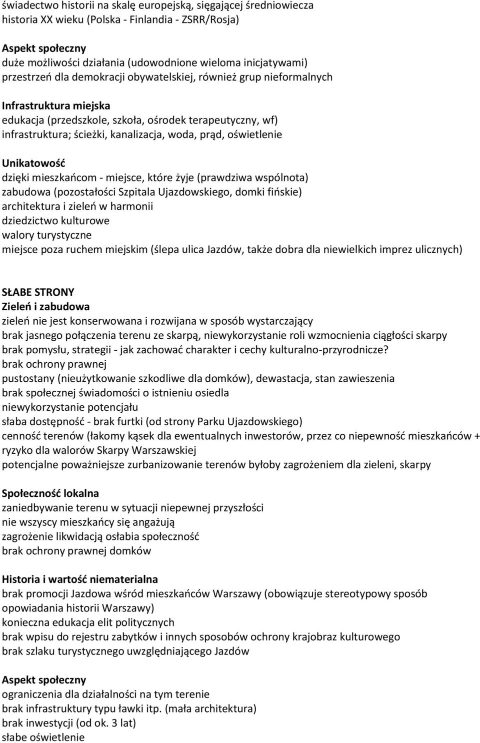 oświetlenie Unikatowość dzięki mieszkańcom - miejsce, które żyje (prawdziwa wspólnota) zabudowa (pozostałości Szpitala Ujazdowskiego, domki fińskie) architektura i zieleń w harmonii dziedzictwo