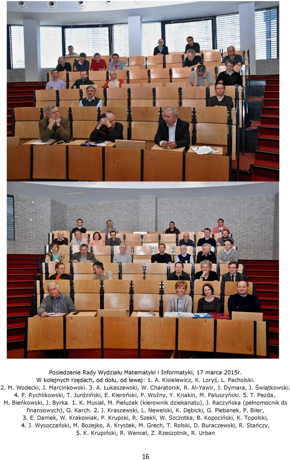 Pielużek (kierownik dziekanatu), J. Raczyńska (pełnomocnik ds finansowych), G. Karch. 2. J. Kraszewski, L. Newelski, K. Dębicki, G. Plebanek, P. Biler, 3. E. Damek, W. Krakowiak, P. Krupski, R.
