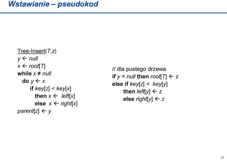 right[x] parent[z] y // dla pustego drzewa if y = null then