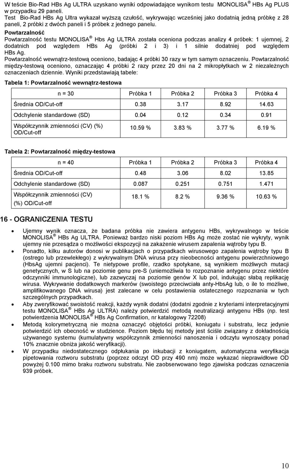 Powtarzalność Powtarzalność testu MONOLISA Hbs Ag ULTRA została oceniona podczas analizy 4 próbek: 1 ujemnej, 2 dodatnich pod względem HBs Ag (próbki 2 i 3) i 1 silnie dodatniej pod względem HBs Ag.