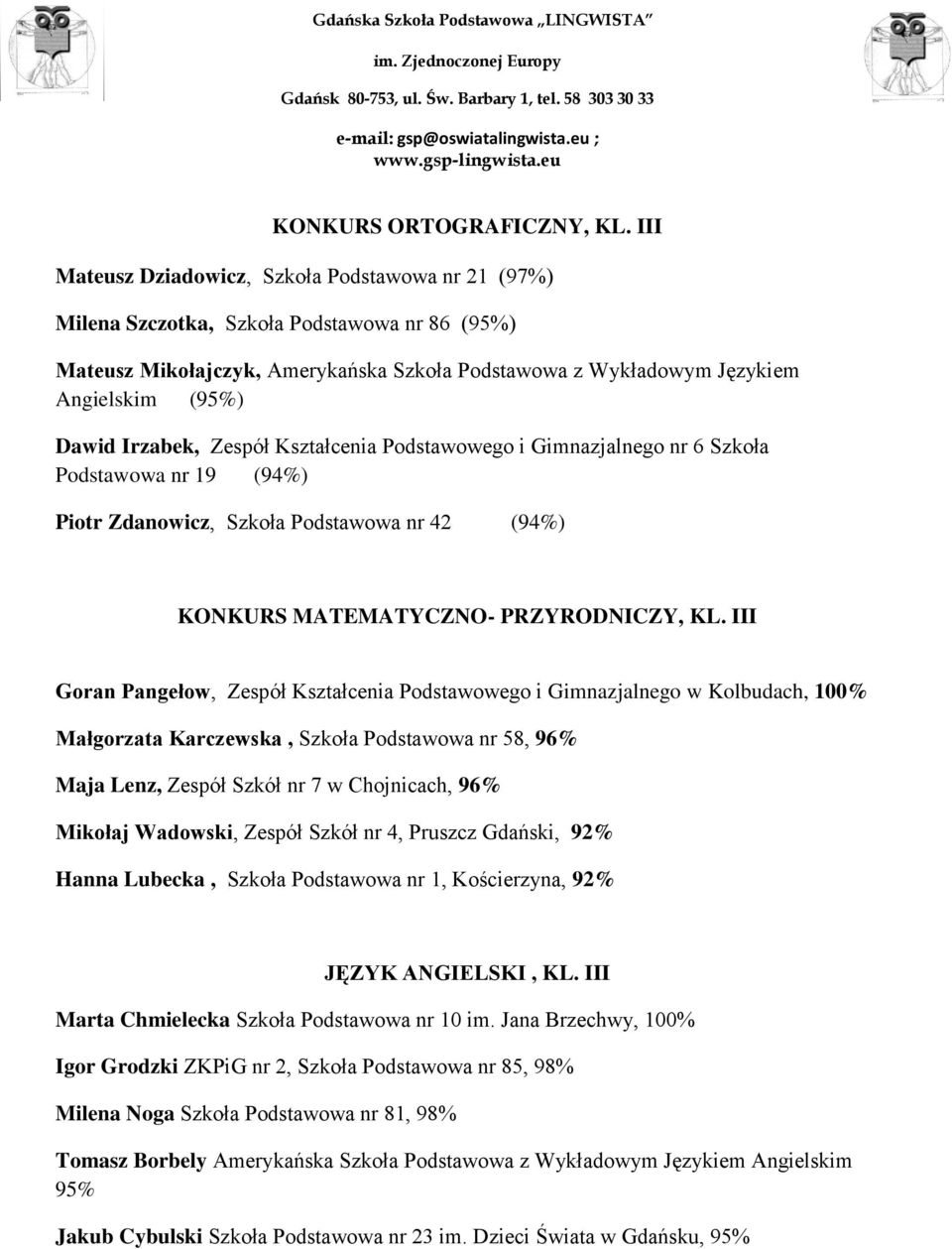 Irzabek, Zespół Kształcenia Podstawowego i Gimnazjalnego nr 6 Szkoła Podstawowa nr 19 (94%) Piotr Zdanowicz, Szkoła Podstawowa nr 42 (94%) KONKURS MATEMATYCZNO- PRZYRODNICZY, KL.