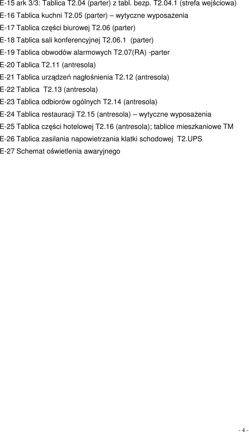 11 (antresola) E-21 Tablica urządzeń nagłośnienia T2.12 (antresola) E-22 Tablica T2.13 (antresola) E-23 Tablica odbiorów ogólnych T2.
