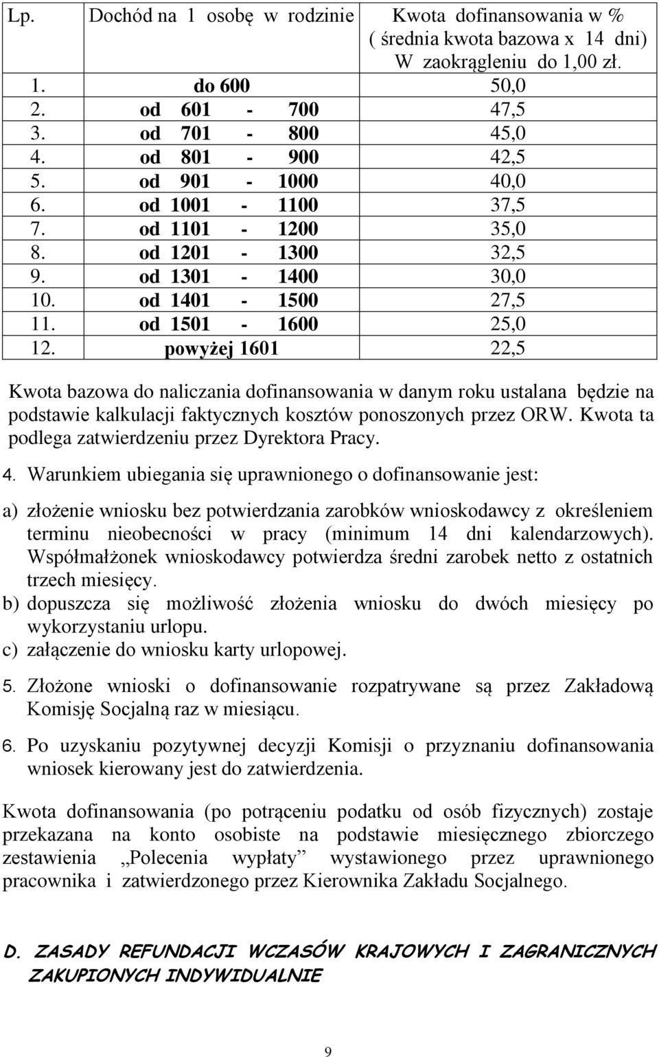 powyżej 1601 22,5 Kwota bazowa do naliczania dofinansowania w danym roku ustalana będzie na podstawie kalkulacji faktycznych kosztów ponoszonych przez ORW.