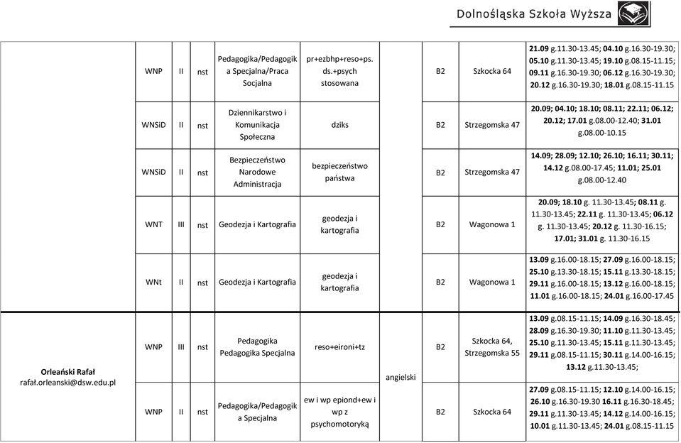 15; 27.09 g.16.00-18.15; 25.10 g.13.30-18.15; 15.11 g.13.30-18.15; 29.11 g.16.00-18.15; 13.12 g.16.00-18.15; 11.01 g.16.00-18.15; 24.01 g.16.00-17.45 Orleański Rafał rafał.orleanski@dsw.edu.