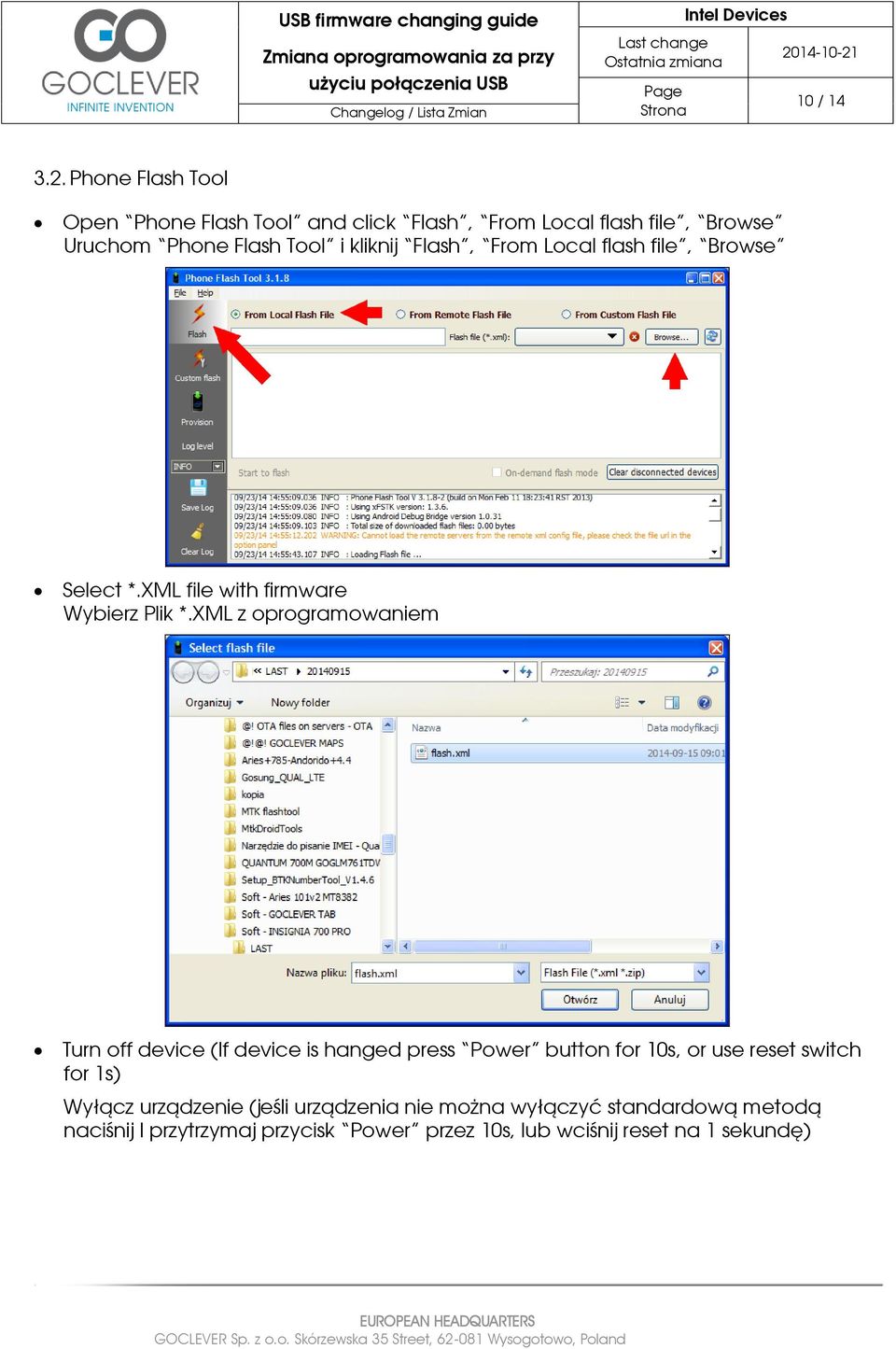 Flash, From Local flash file, Browse Select *.XML file with firmware Wybierz Plik *.