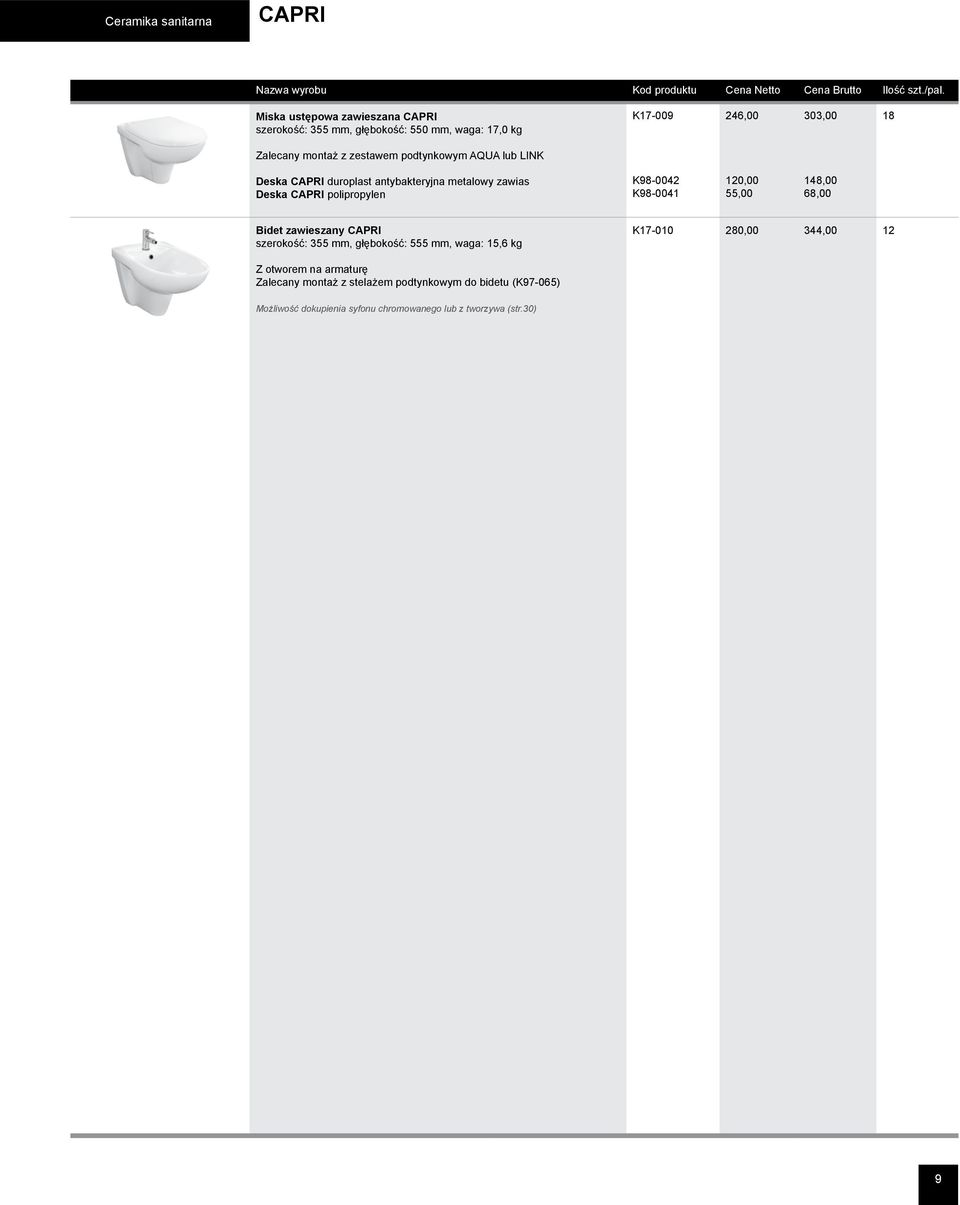 K98-0042 K98-0041 120,00 55,00 148,00 68,00 Bidet zawieszany CAPRI szerokość: 355 mm, głębokość: 555 mm, waga: 15,6 kg K17-010 280,00