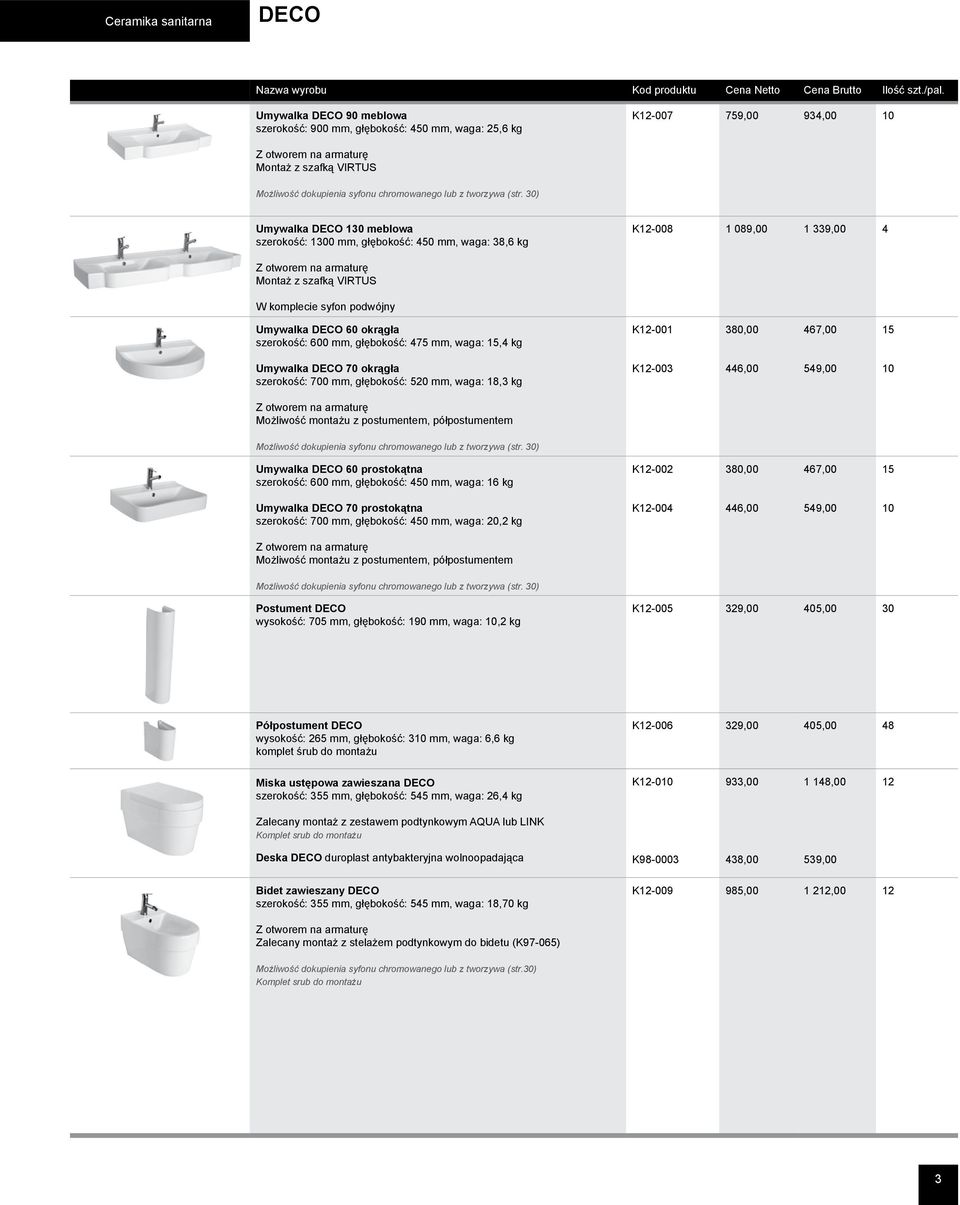 30) Umywalka DECO 130 meblowa szerokość: 1300 mm, głębokość: 450 mm, waga: 38,6 kg K12-008 1 089,00 1 339,00 4 Z otworem na armaturę Montaż z szafką VIRTUS W komplecie syfon podwójny Umywalka DECO 60