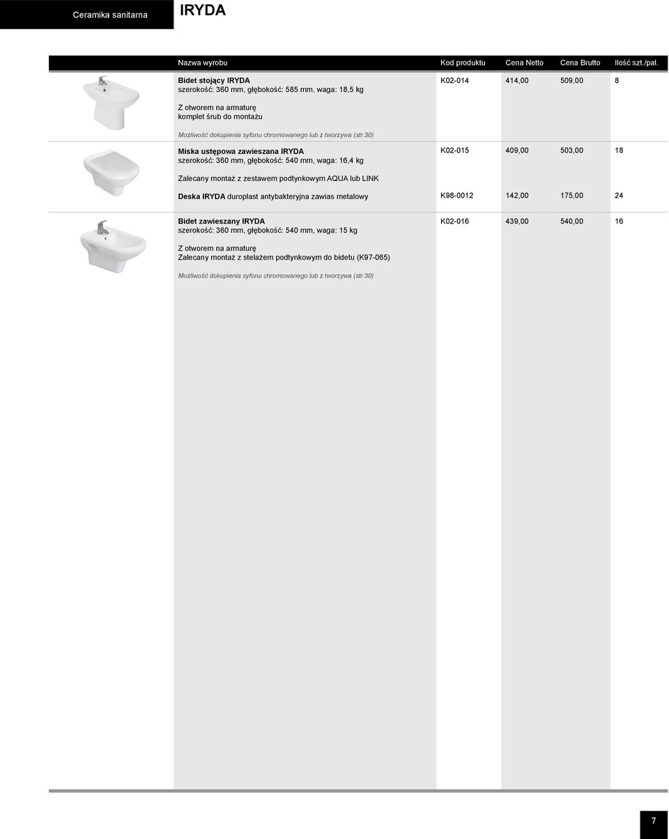 30) Miska ustępowa zawieszana IRYDA szerokość: 360 mm, głębokość: 540 mm, waga: 16,4 kg K02-015 409,00 503,00 18 Zalecany montaż z zestawem podtynkowym AQUA lub LINK Deska IRYDA