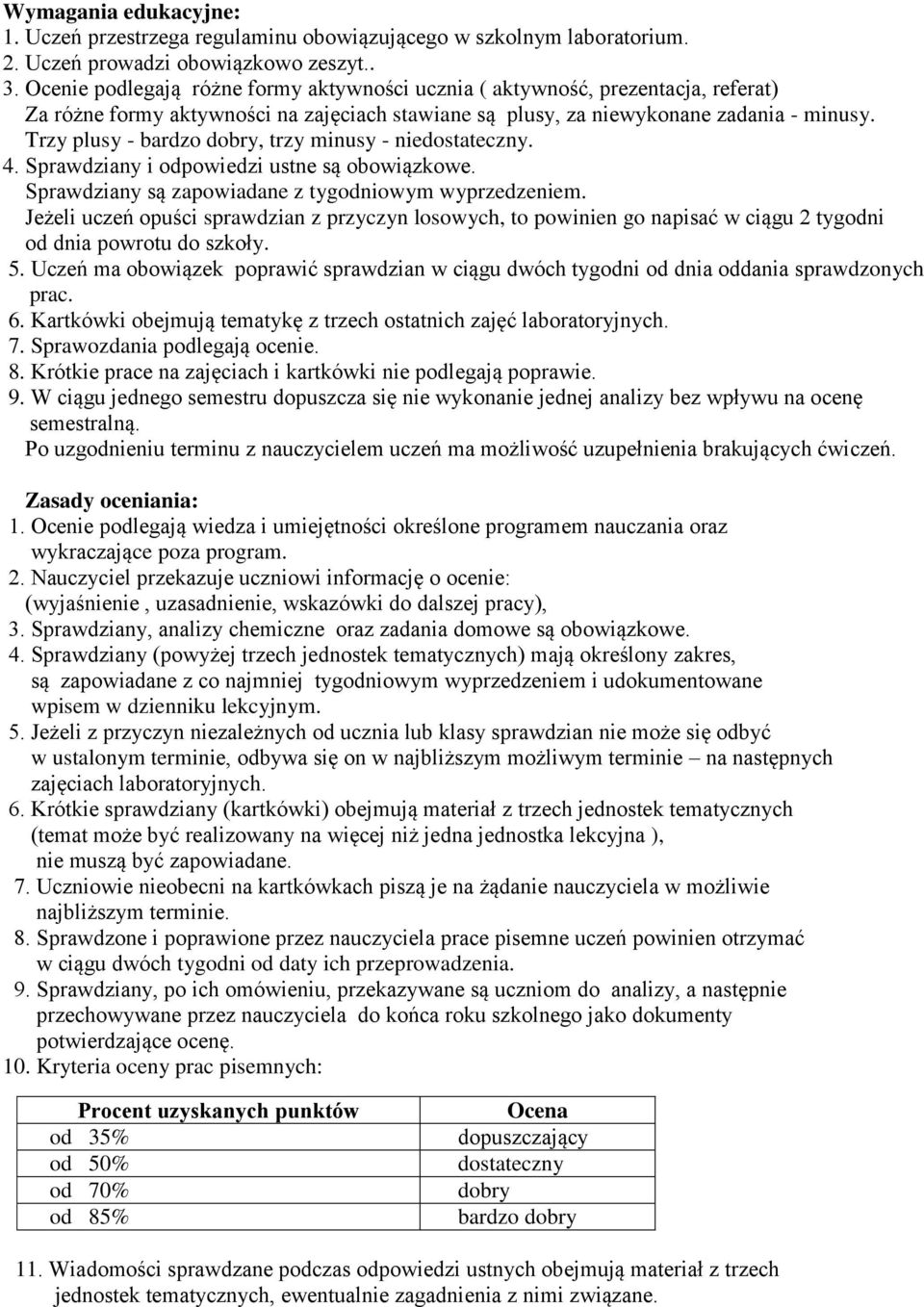 Trzy plusy - bardzo dobry, trzy minusy - niedostateczny. 4. Sprawdziany i odpowiedzi ustne są obowiązkowe. Sprawdziany są zapowiadane z tygodniowym wyprzedzeniem.