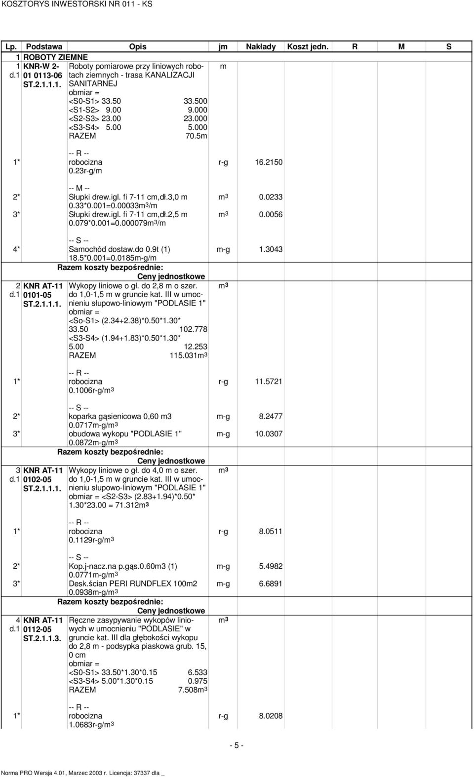 5*0.001=0.0185m-g/m 2 KNR AT-11 d.1 0101-05 Wykopy liniowe o gł. do 2,8 m o szer. do 1,0-1,5 m w gruncie kat. III w umocnieniu słupowo-liniowym "PODLASIE 1" obmiar = <So-S1> (2.34+2.38)*0.50*1.30* 33.
