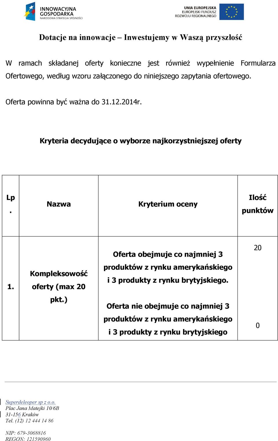 Nazwa Kryterium oceny Ilość punktów Oferta obejmuje co najmniej 3 20 1.