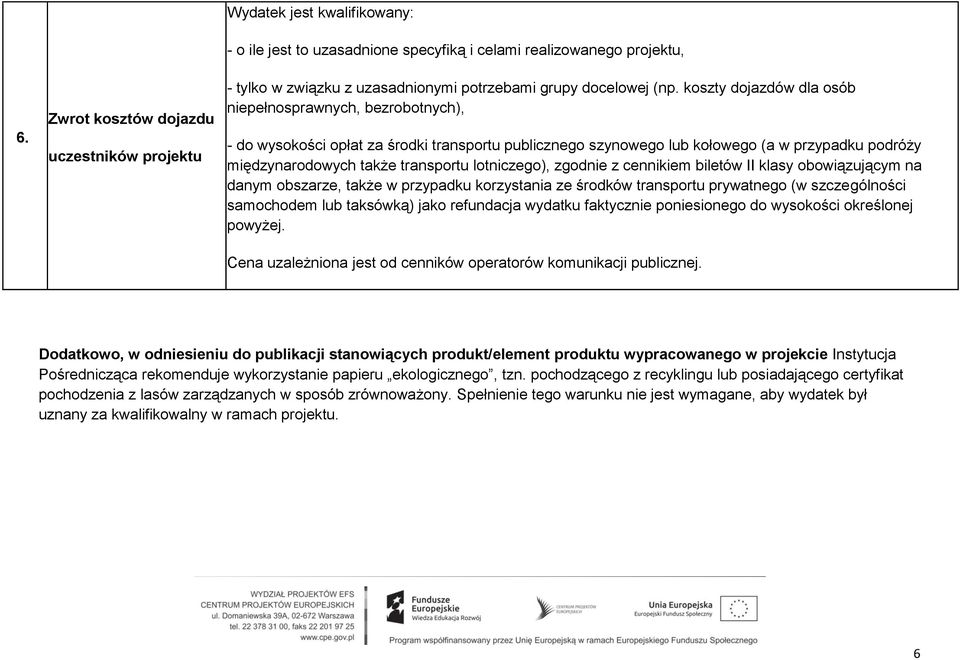 koszty dojazdów dla osób niepełnosprawnych, bezrobotnych), - do wysokości opłat za środki transportu publicznego szynowego lub kołowego (a w przypadku podróży międzynarodowych także transportu