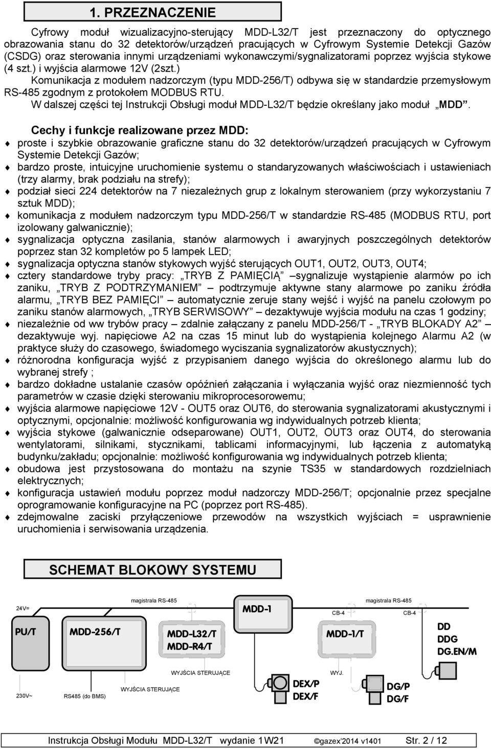 ) Komunikacja z modułem nadzorczym (typu MDD-256/T) odbywa się w standardzie przemysłowym RS-485 zgodnym z protokołem MODBUS RTU.