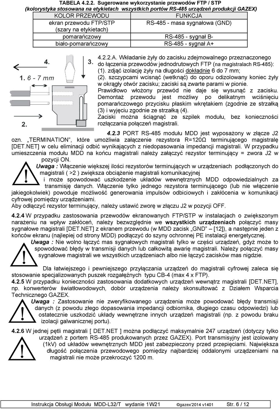 sygnałowa (GND) (szary na etykietach) pomarańczowy RS-485 - sygnał B- biało-pomarańczowy RS-485 - sygnał A+