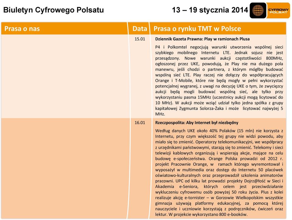 Nowe warunki aukcji częstotliwości 800MHz, ogłoszonej przez UKE, powodują, że Play nie ma dużego pola manewru, jeśli chodzi o partnera, z którym mógłby budować wspólną sieć LTE.