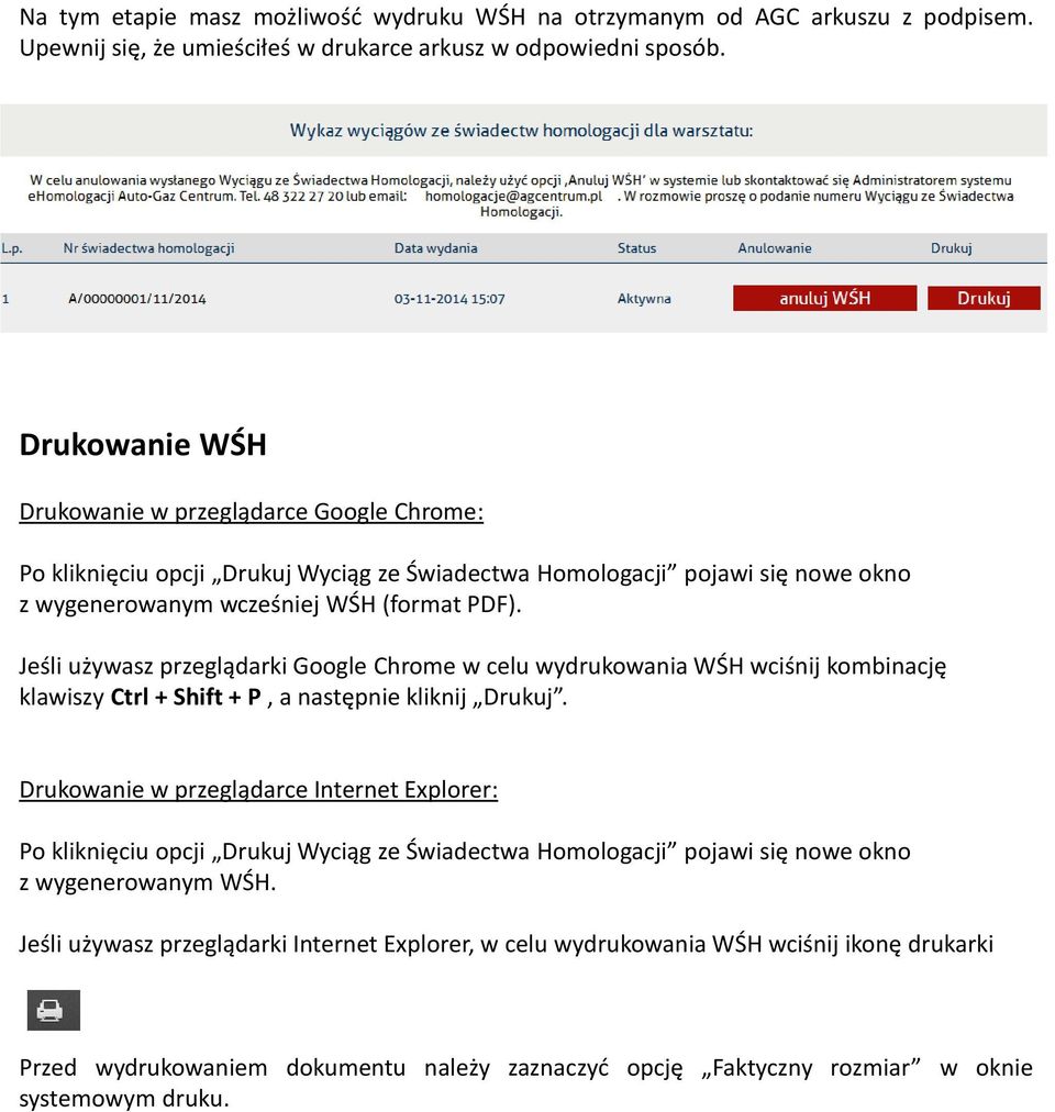 Jeśli używasz przeglądarki Google Chrome w celu wydrukowania WŚH wciśnij kombinację klawiszy Ctrl + Shift + P, a następnie kliknij Drukuj.