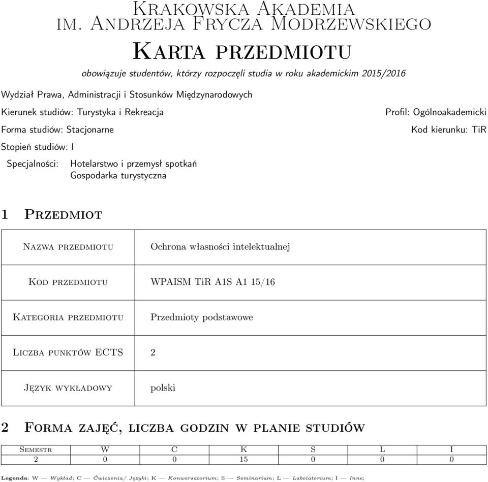 studiów: Turystyka i Rekreacja Forma studiów: Stacjonarne Stopień studiów: I Specjalności: Hotelarstwo i przemysł spotkań Gospodarka turystyczna Profil: Ogólnoakademicki Kod kierunku: TiR 1