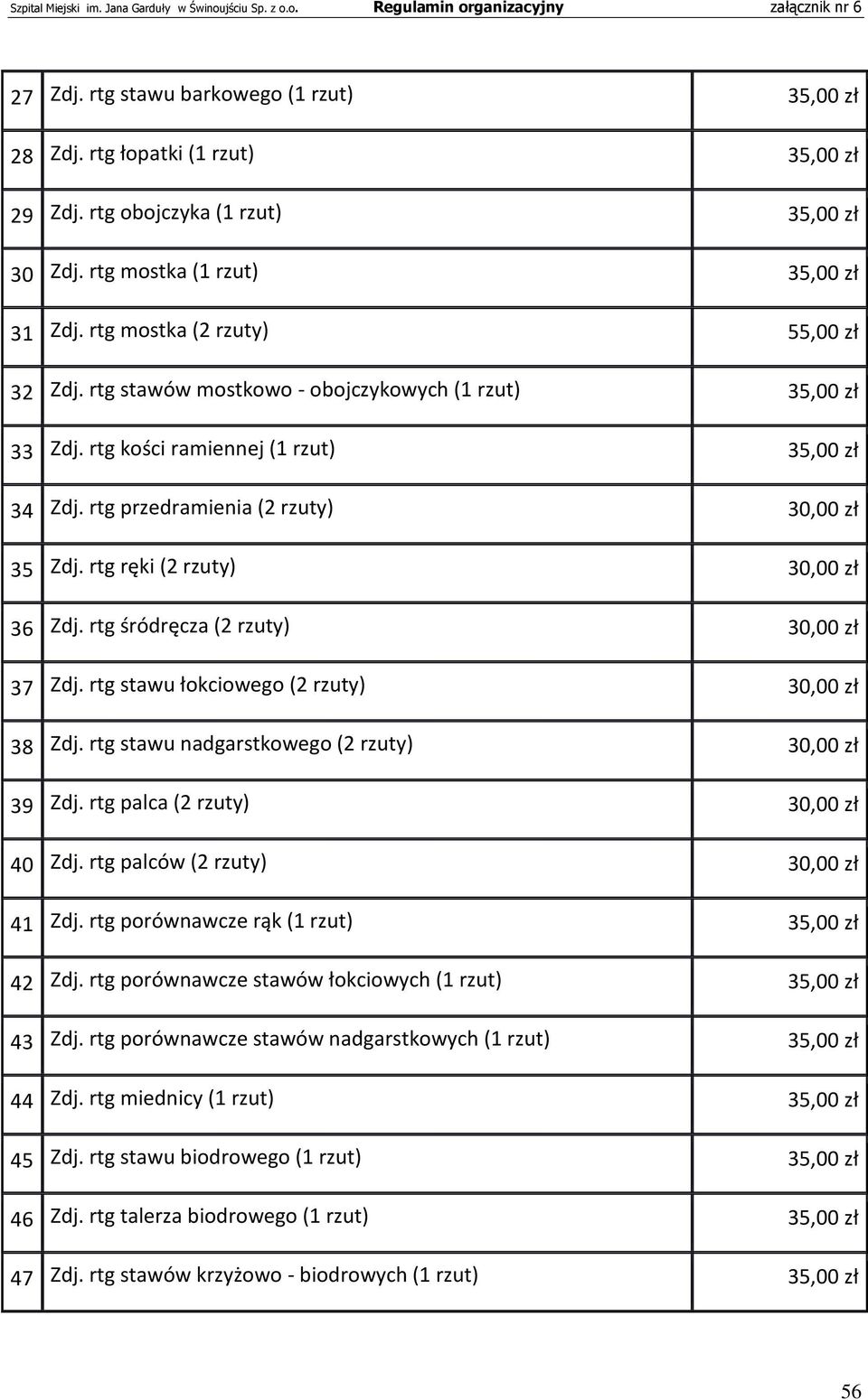 rtg ręki (2 rzuty) 30,00 zł 36 Zdj. rtg śródręcza (2 rzuty) 30,00 zł 37 Zdj. rtg stawu łokciowego (2 rzuty) 30,00 zł 38 Zdj. rtg stawu nadgarstkowego (2 rzuty) 30,00 zł 39 Zdj.