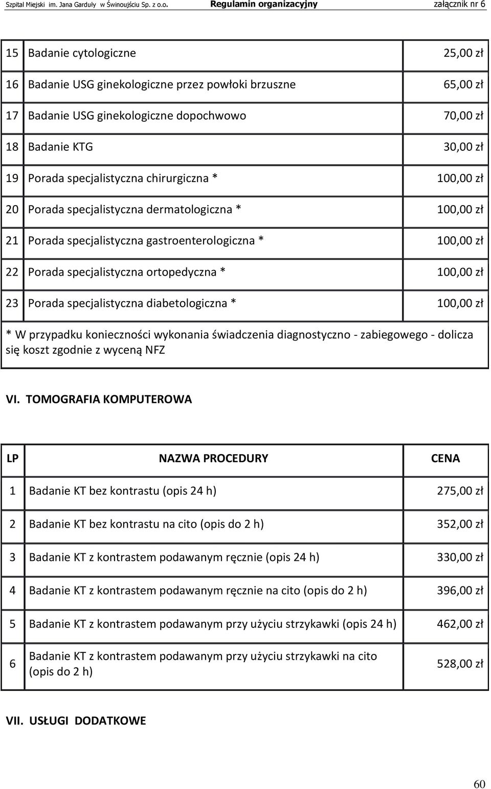 specjalistyczna diabetologiczna * 100,00 zł * W przypadku konieczności wykonania świadczenia diagnostyczno - zabiegowego - dolicza się koszt zgodnie z wyceną NFZ VI.