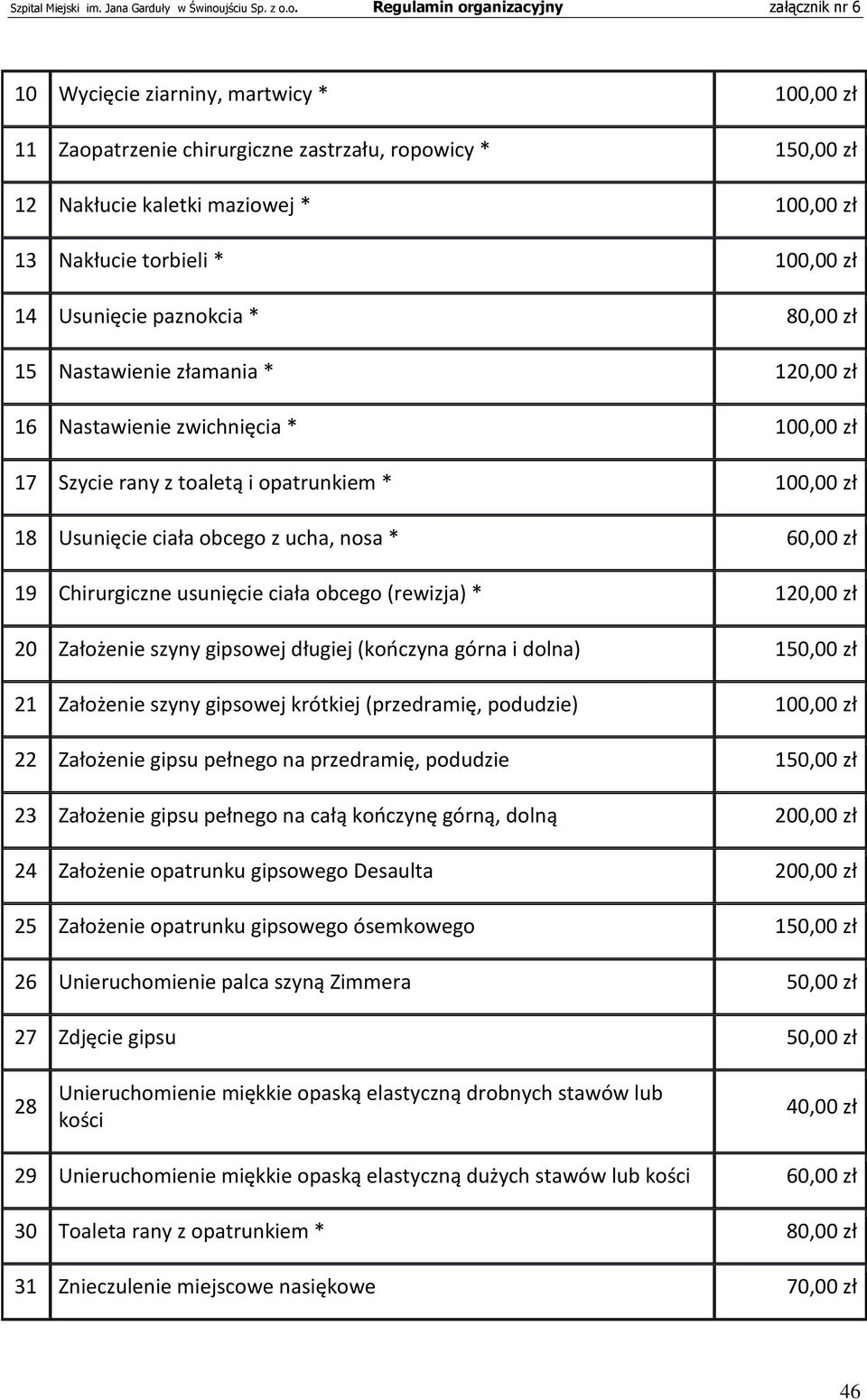 Chirurgiczne usunięcie ciała obcego (rewizja) * 120,00 zł 20 Założenie szyny gipsowej długiej (kończyna górna i dolna) 150,00 zł 21 Założenie szyny gipsowej krótkiej (przedramię, podudzie) 100,00 zł