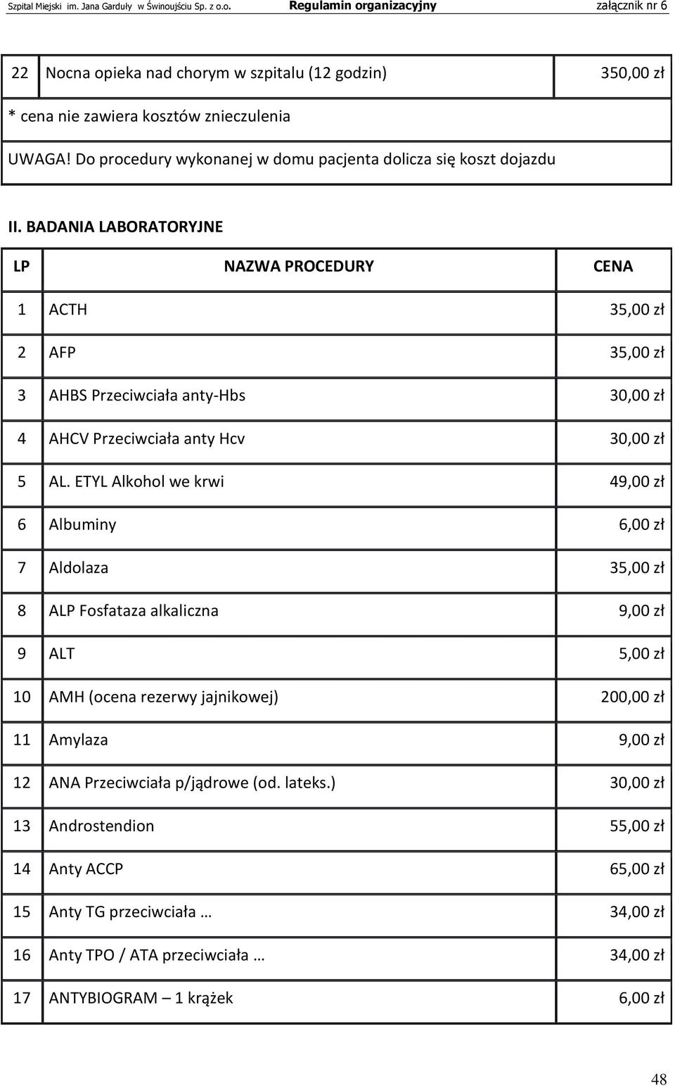 ETYL Alkohol we krwi 49,00 zł 6 Albuminy 6,00 zł 7 Aldolaza 35,00 zł 8 ALP Fosfataza alkaliczna 9,00 zł 9 ALT 5,00 zł 10 AMH (ocena rezerwy jajnikowej) 200,00 zł 11 Amylaza 9,00 zł
