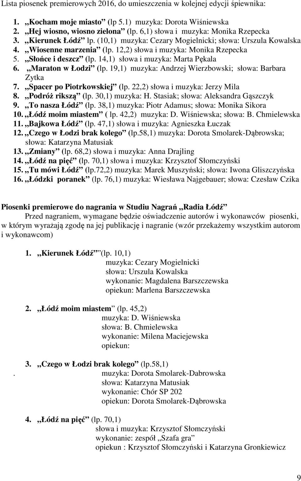 Słońce i deszcz (lp. 14,1) słowa i muzyka: Marta Pękala 6. Maraton w Łodzi (lp. 19,1) muzyka: Andrzej Wierzbowski; słowa: Barbara Zytka 7. Spacer po Piotrkowskiej (lp.