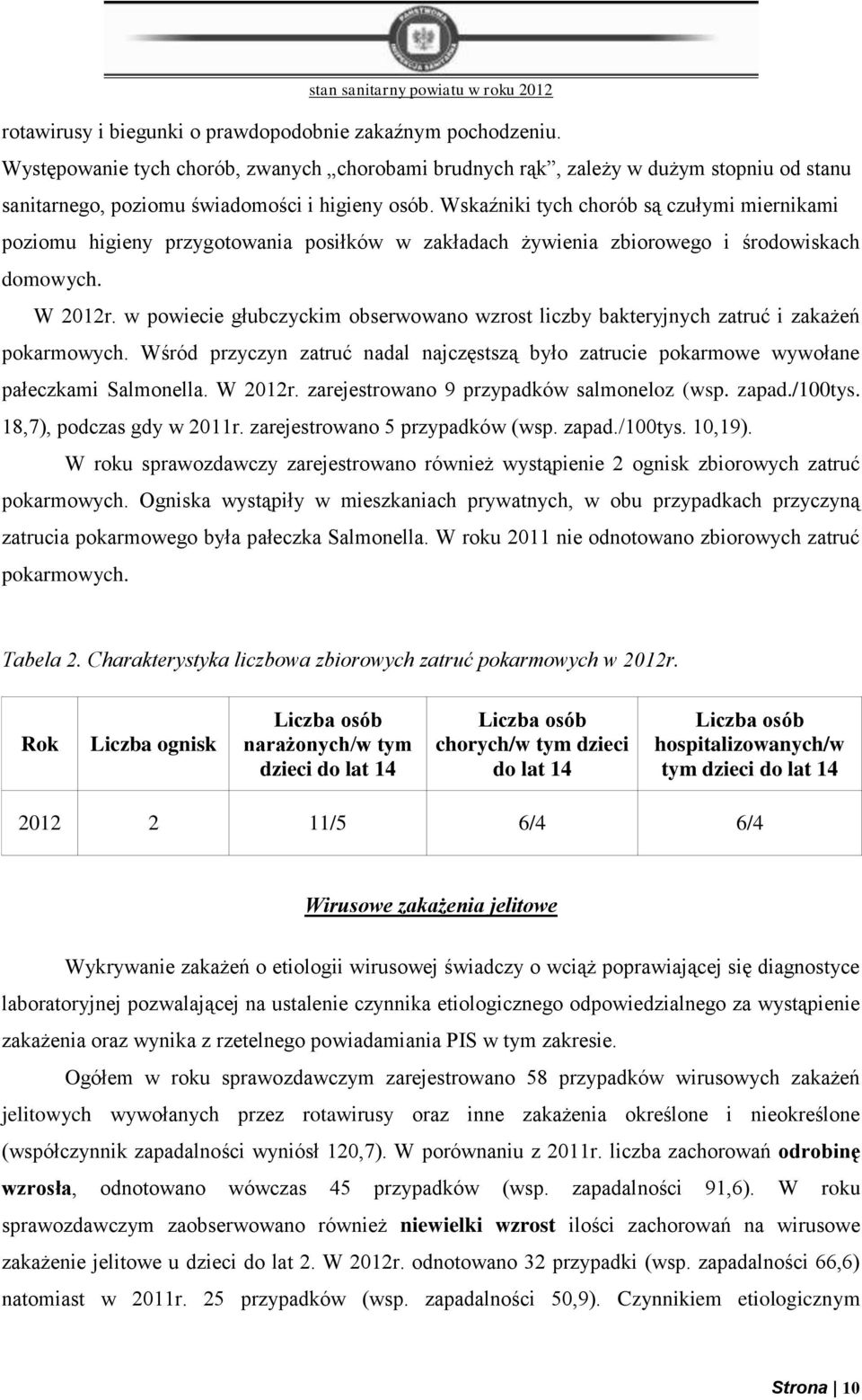 w powiecie głubczyckim obserwowano wzrost liczby bakteryjnych zatruć i zakażeń pokarmowych. Wśród przyczyn zatruć nadal najczęstszą było zatrucie pokarmowe wywołane pałeczkami Salmonella. W 2012r.